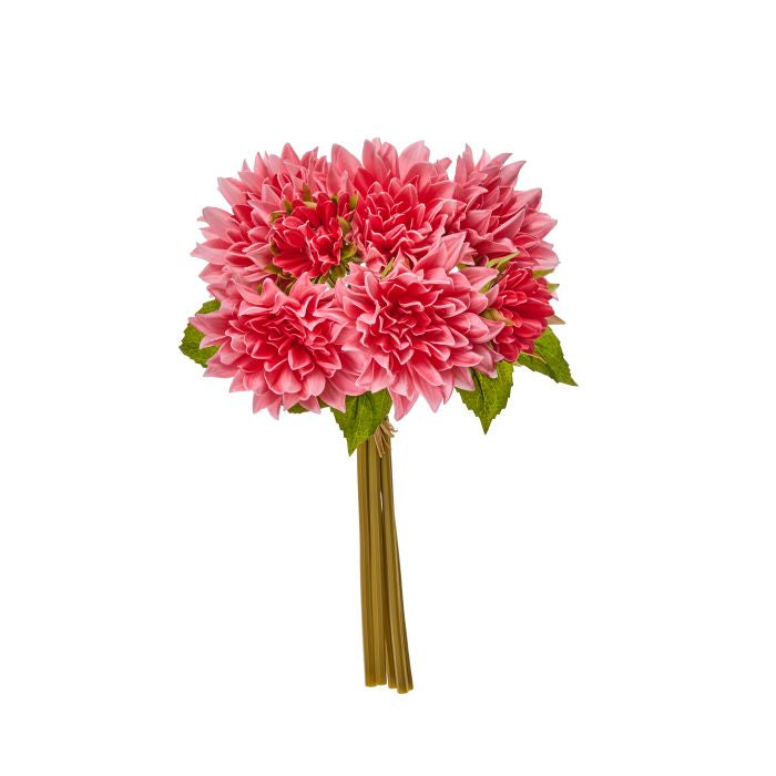 Bundle of artificial summer dahlia flowers in pink with green foliage arranged together.