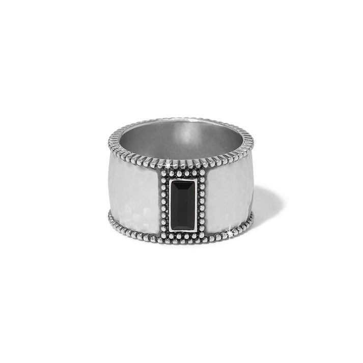 Silver-plated wide band ring with a hammered texture and a rectangular black crystal center.