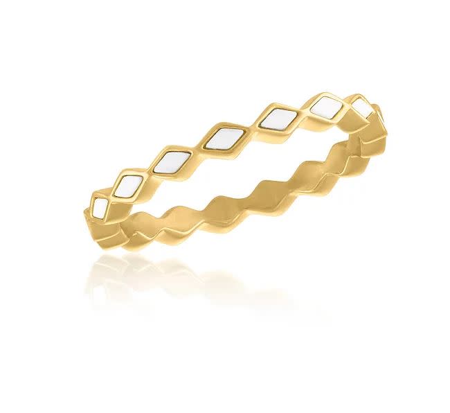 Infinity White Diamond Gold Layers Ring featuring a geometric zigzag band with white diamond inlays.