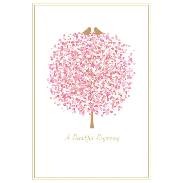 Wedding card featuring a bird on a dotted tree with glitter foil embossing and text reading A Beautiful Beginning.