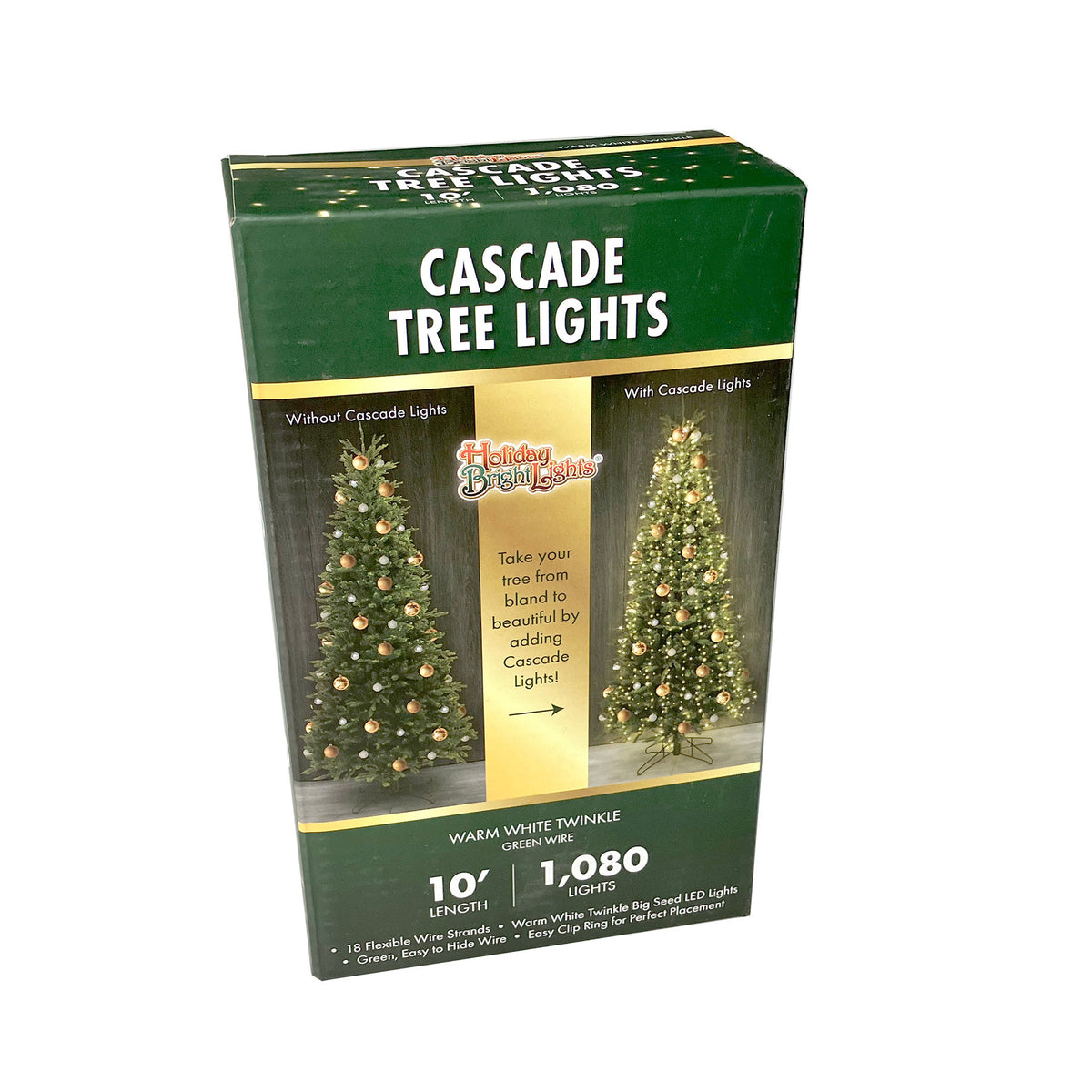 Green wire LED cascade tree lights with warm white twinkle bulbs arranged in a falling ring silhouette.