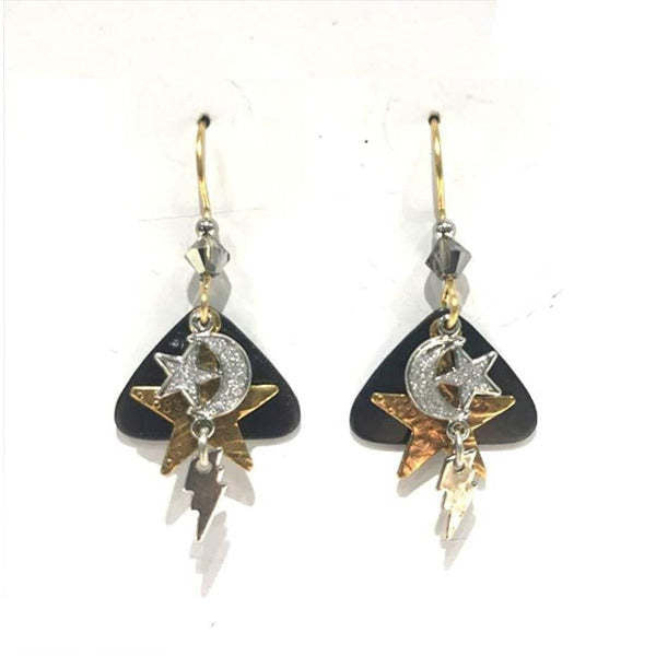 Sky Story on Triangle earrings featuring semi-precious stones, glass beads, crystal accents, and textured brass with a vibrant geometric silhouette.
