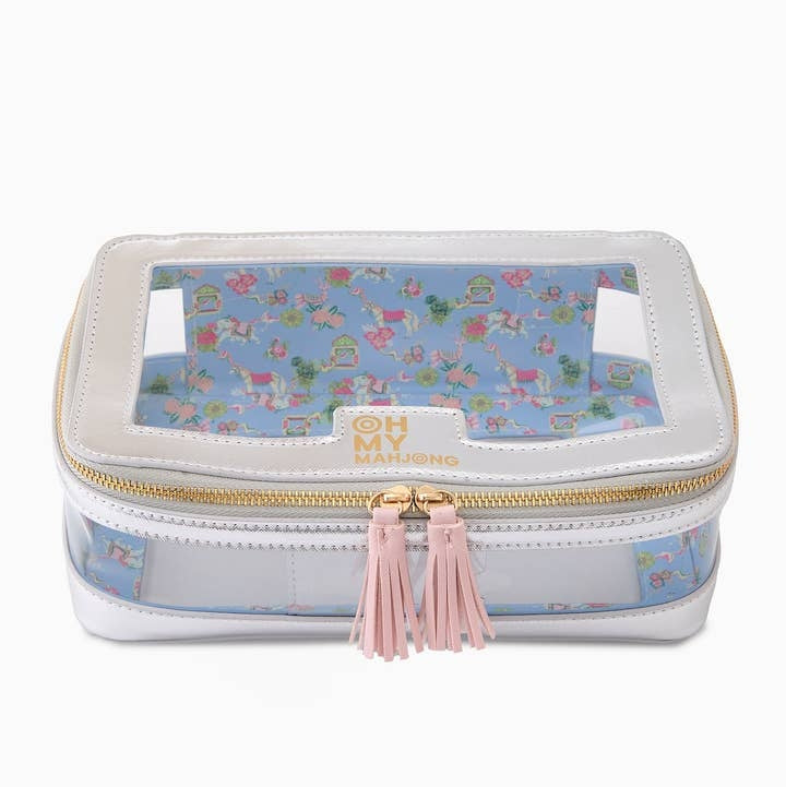 Silver Mahjong Tile Storage Bag with clear windows, gold zipper, and pink tassel pulls.