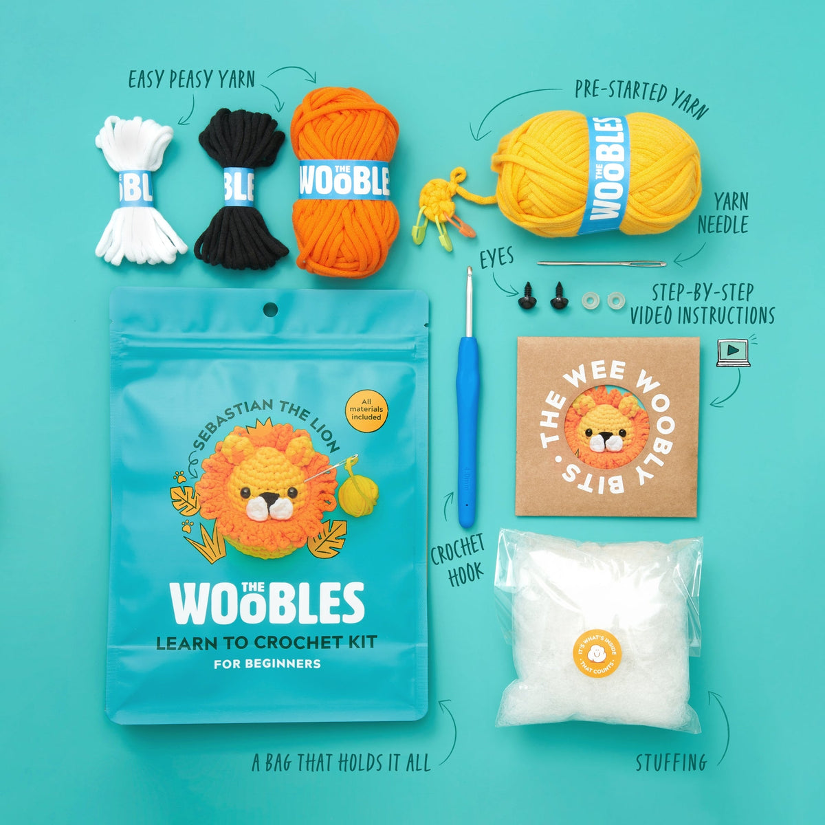 Sebastian the Lion crochet kit with plastic eyes, stuffing, hook, pattern PDF, and video tutorials.