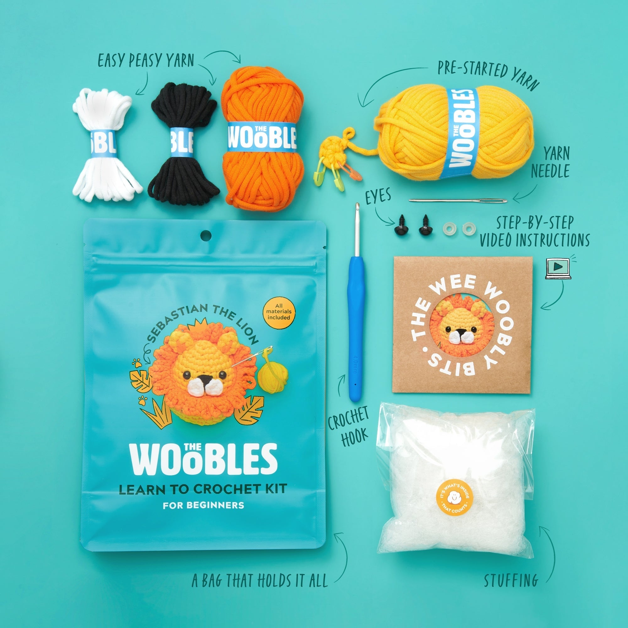 Sebastian the Lion crochet kit with plastic eyes, stuffing, hook, pattern PDF, and video tutorials.