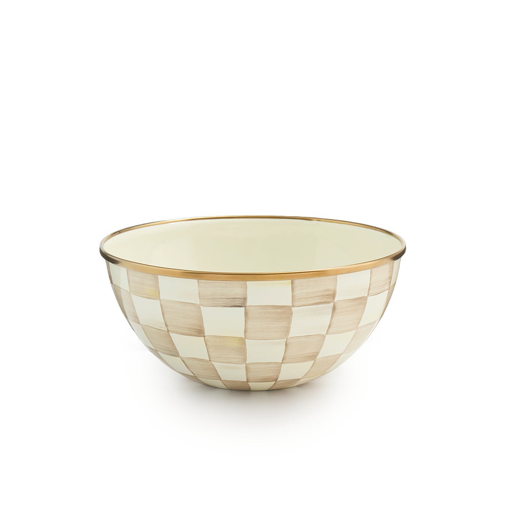 Small everyday bowl with hand-painted mocha check pattern on heavy-gauge steel and bronzed stainless rim.
