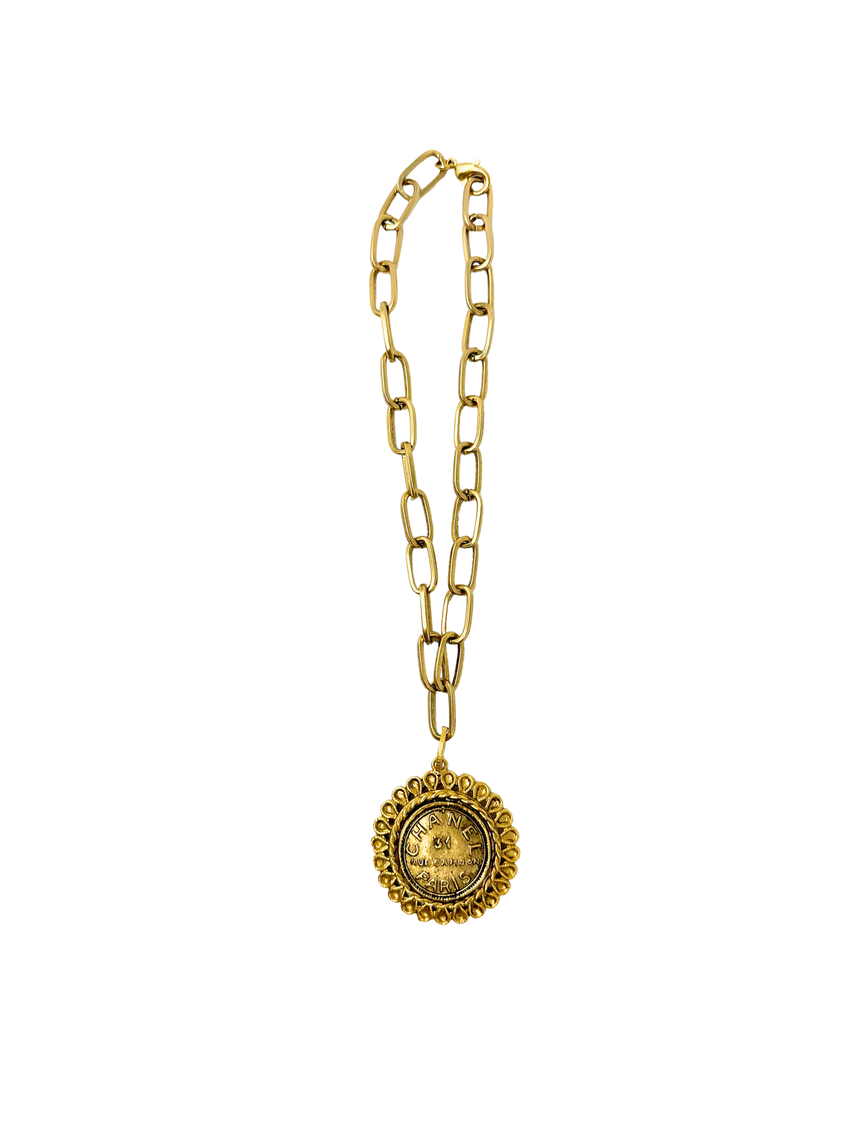 17 inch gold paper clip chain necklace with a round designer inspired coin pendant.
