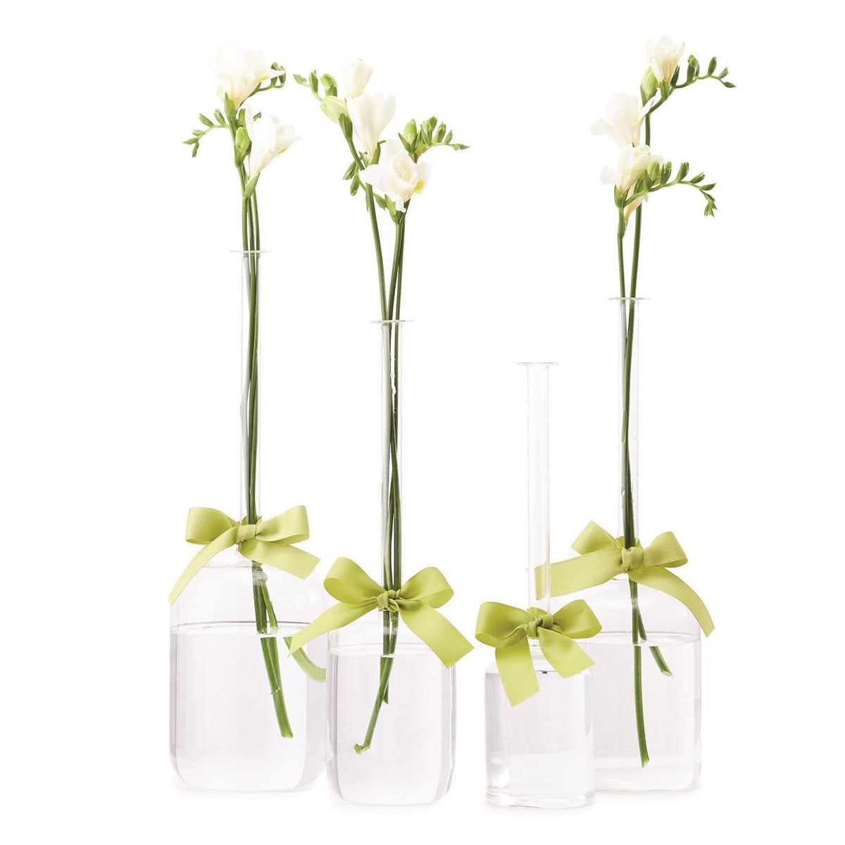 Hand-blown glass jug vase with a sleek long neck featuring a sage green ribbon accent.