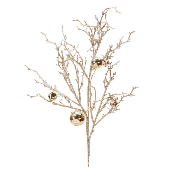 Gold glittered branch with small metallic sleigh bells, measuring 25 inches tall.