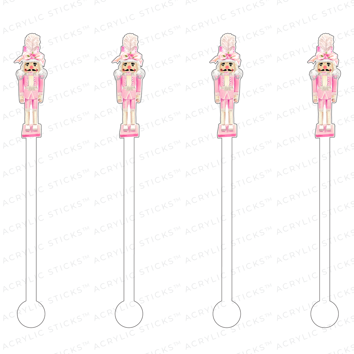 Set of four pink acrylic holiday nutcracker stir sticks with festive silhouettes.