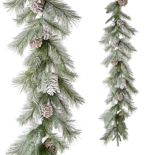 5-foot flocked cedar garland with realistic pinecones and a dusting of artificial snow.