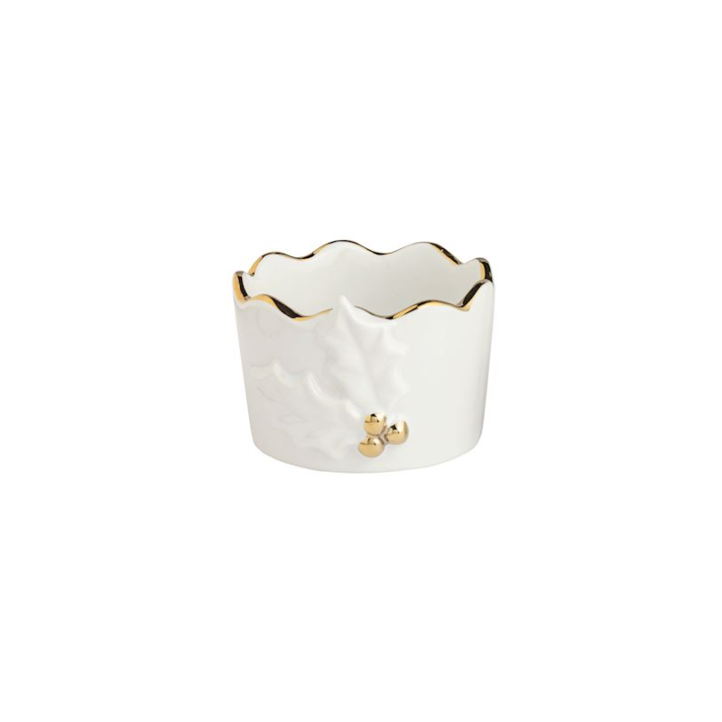 White stoneware tidbit dish with scalloped gold edge and raised holly leaf motif with gold berries.