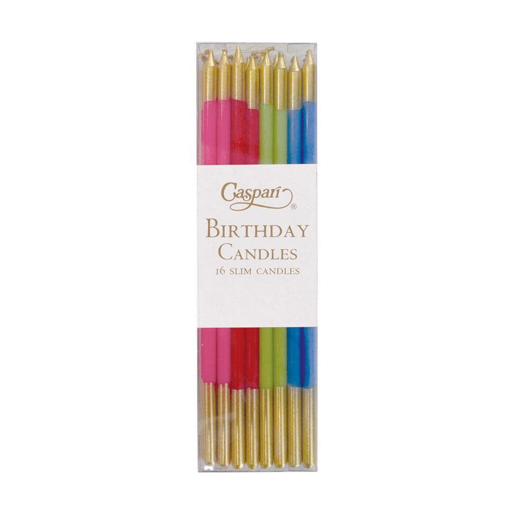 Set of six slim birthday candles in mixed colors from the Caspari palette.