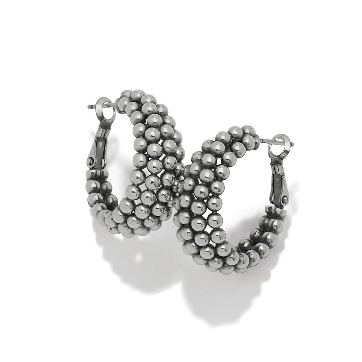 Silver plated Pretty Tough Blossom Hoop Earrings with a beaded texture and lever back closure.