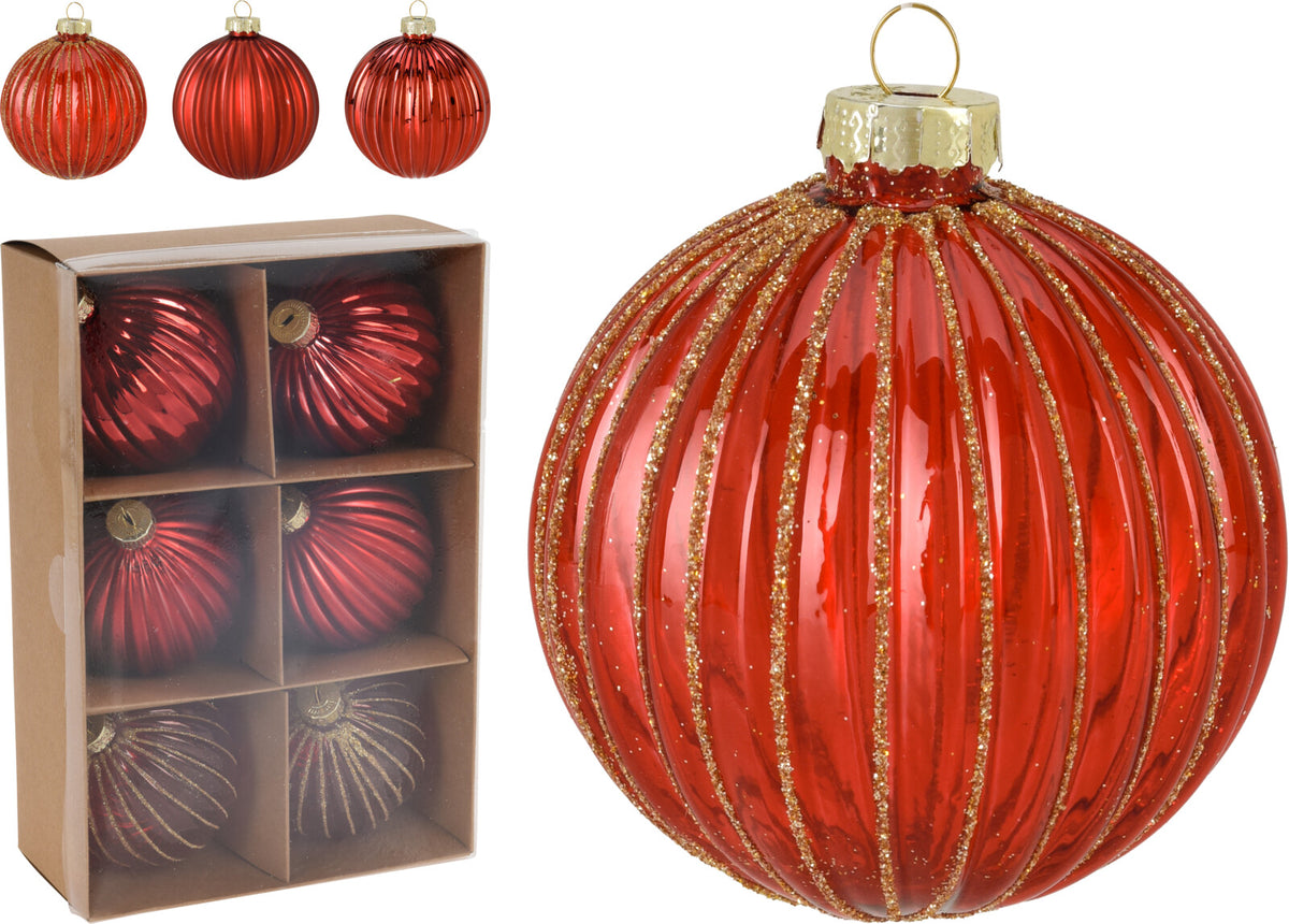 Set of classic red Xmas ball ornaments with gold caps.