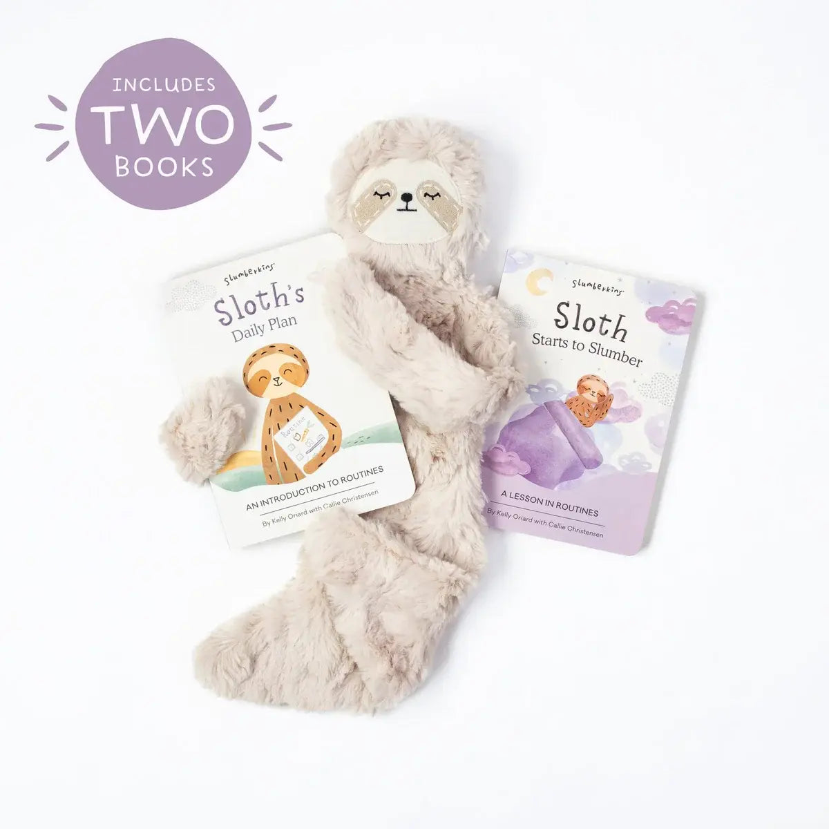 Sloth plush toy with two board books titled Sloth's Daily Plan and Sloth Starts to Slumber.