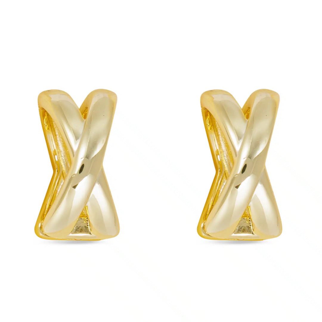 Pair of gold polished crisscross hoop earrings with a high-shine finish.