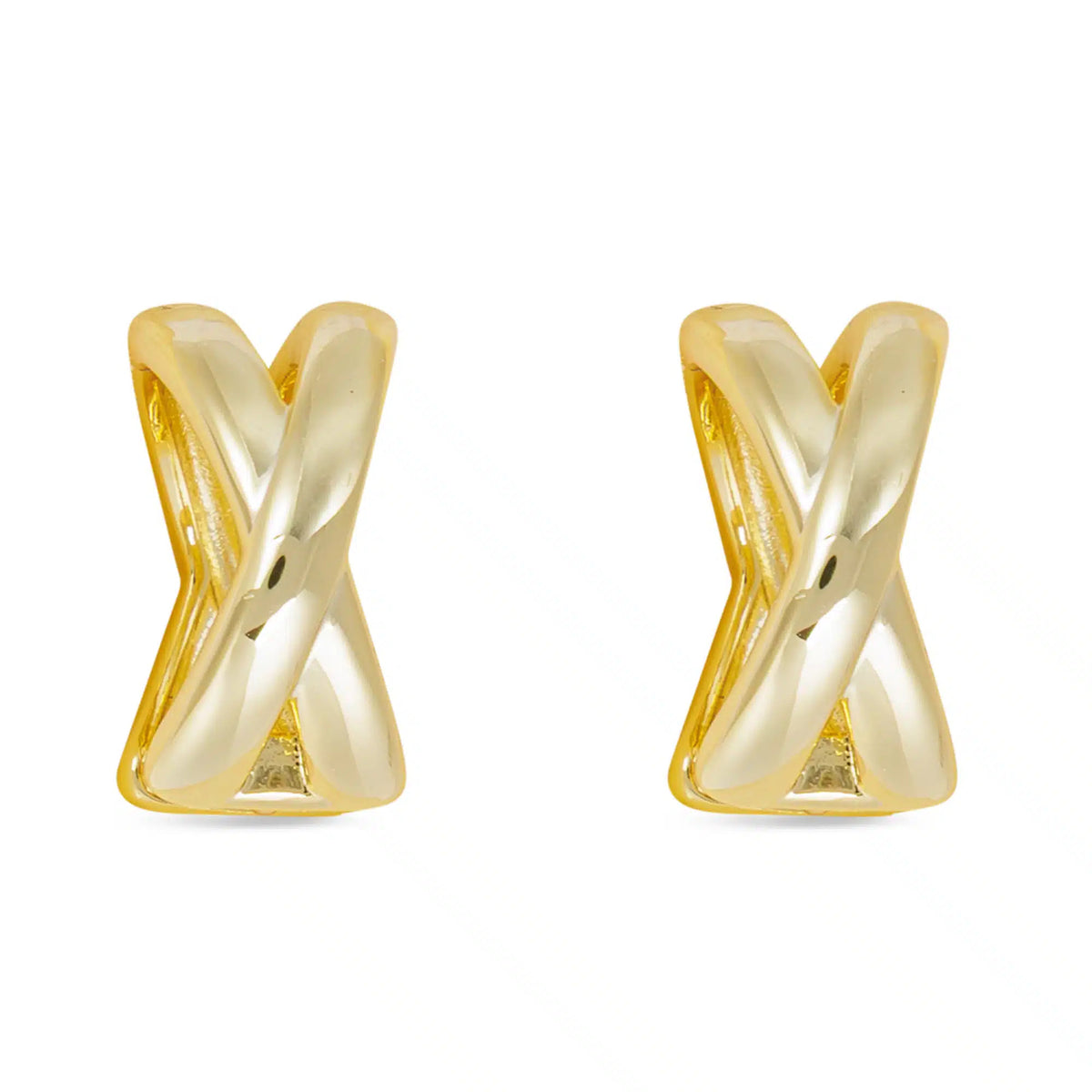 Pair of gold polished crisscross hoop earrings with a high-shine finish.