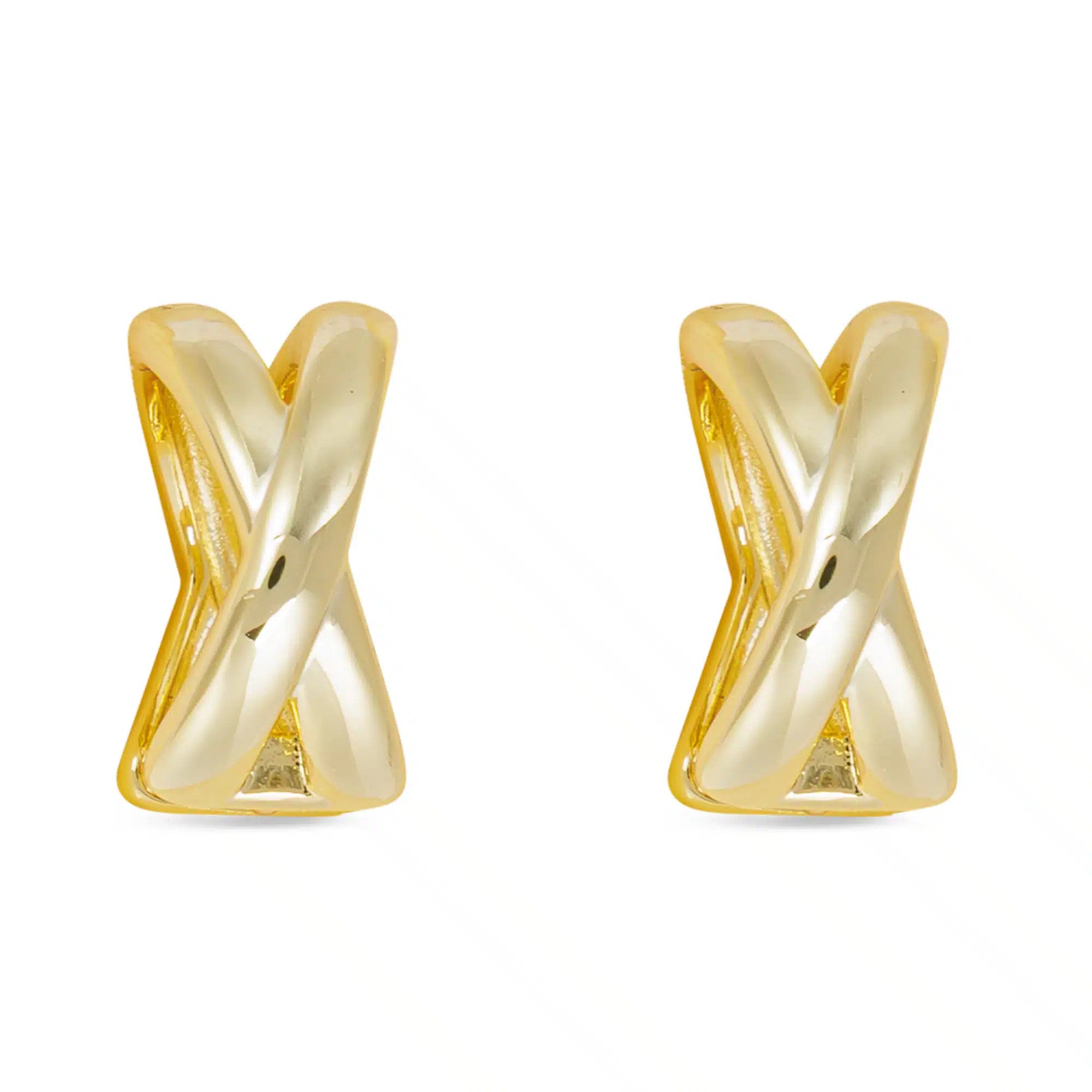 Pair of gold polished crisscross hoop earrings with a high-shine finish.