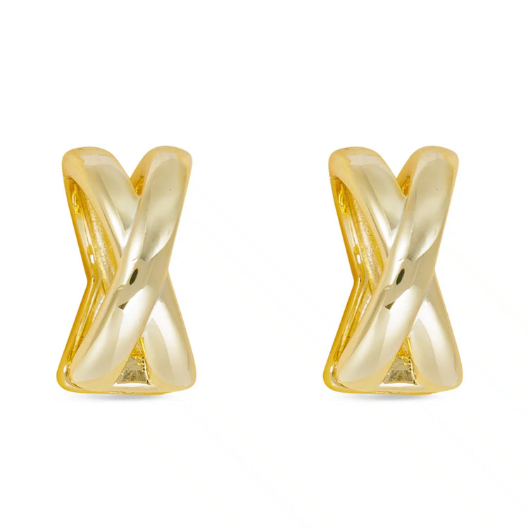 Pair of gold polished crisscross hoop earrings with a high-shine finish.
