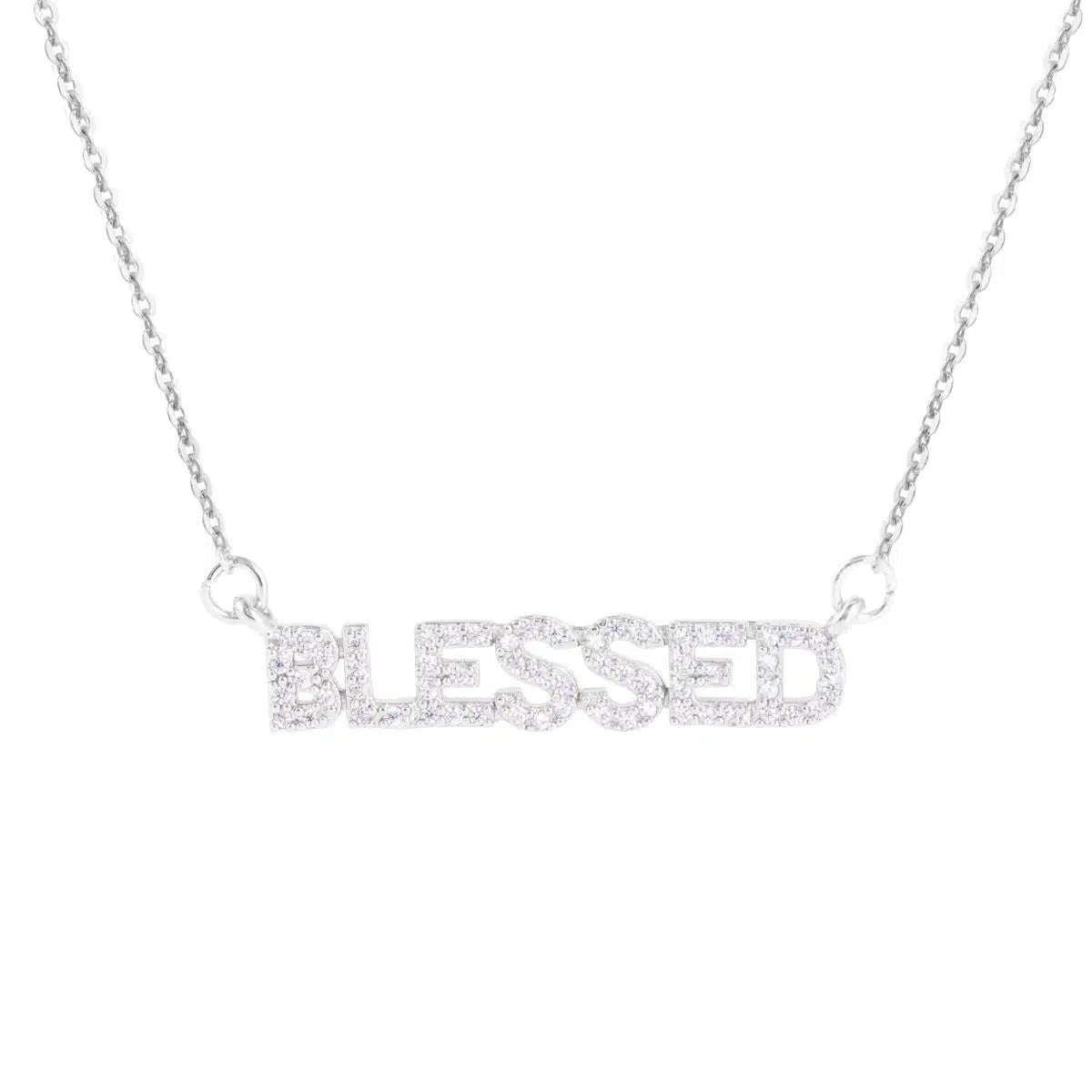 Silver Blessed monogram necklace featuring a sparkling crystal-encrusted word pendant on a chain.