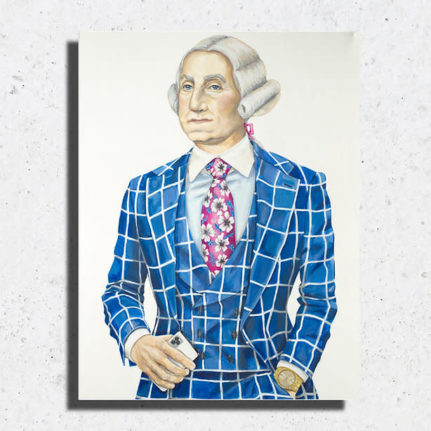 Painting of George Washington in a blue plaid suit, pink floral tie, and white wig.