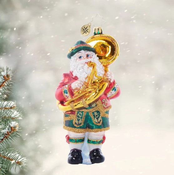 Holiday Oompah Claus glass ornament featuring Santa in lederhosen playing a golden tuba.