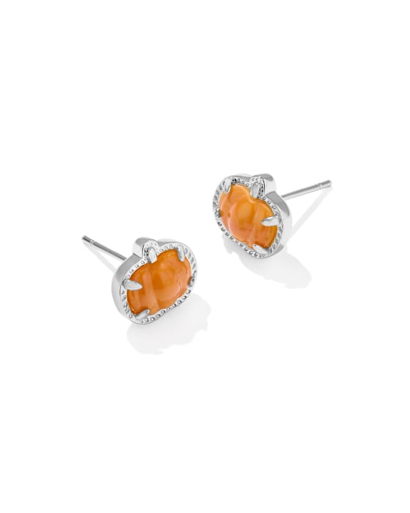 Silver pumpkin stud earrings featuring orange mother-of-pearl stones.