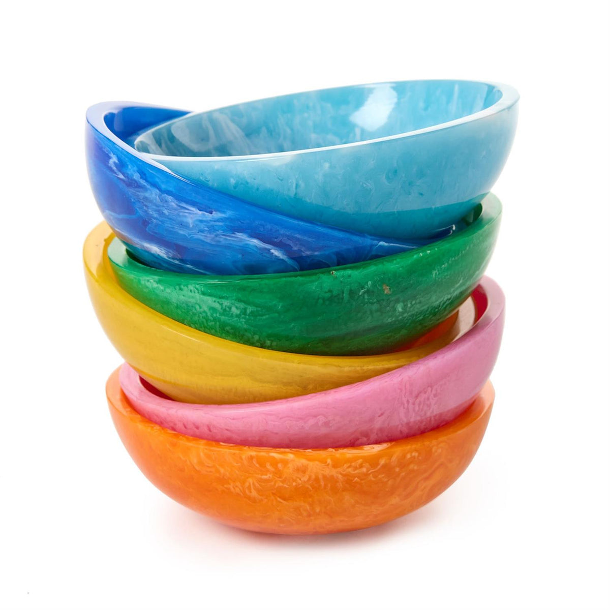 Stack of colorful round resin tidbit bowls in blue, green, yellow, pink, and orange.