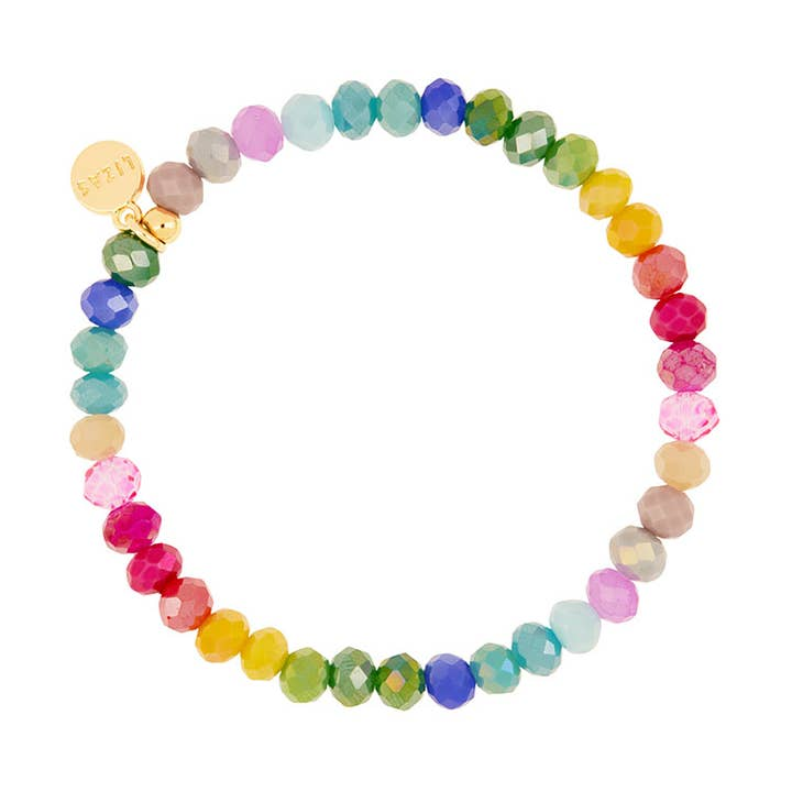 Nashville Creation Bracelet featuring a circle of multi-colored faceted glass beads and a gold tag.