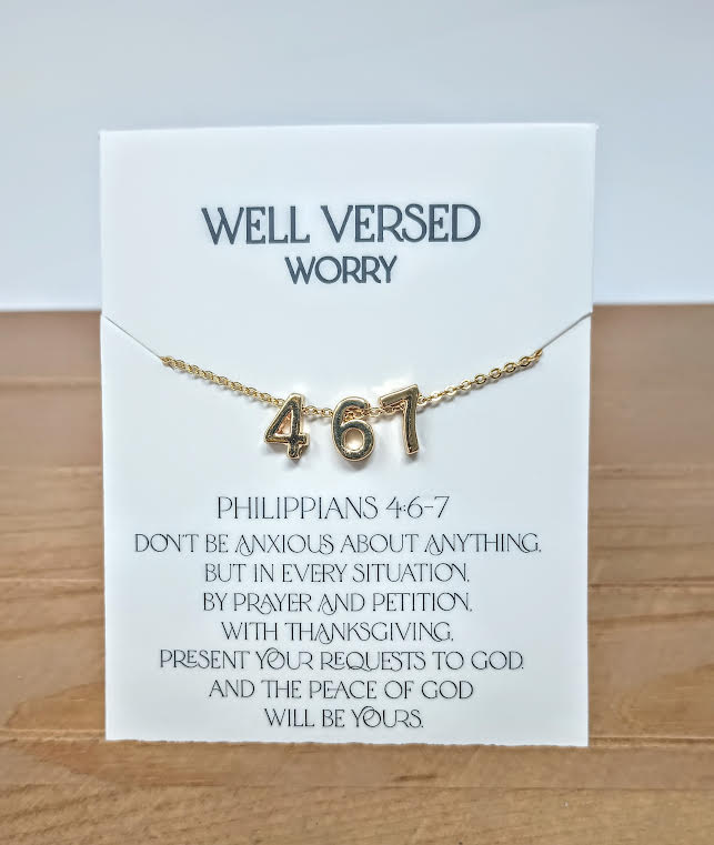 Gold plate necklace with verse numbers on a 15-inch chain featuring a 2-inch extender.