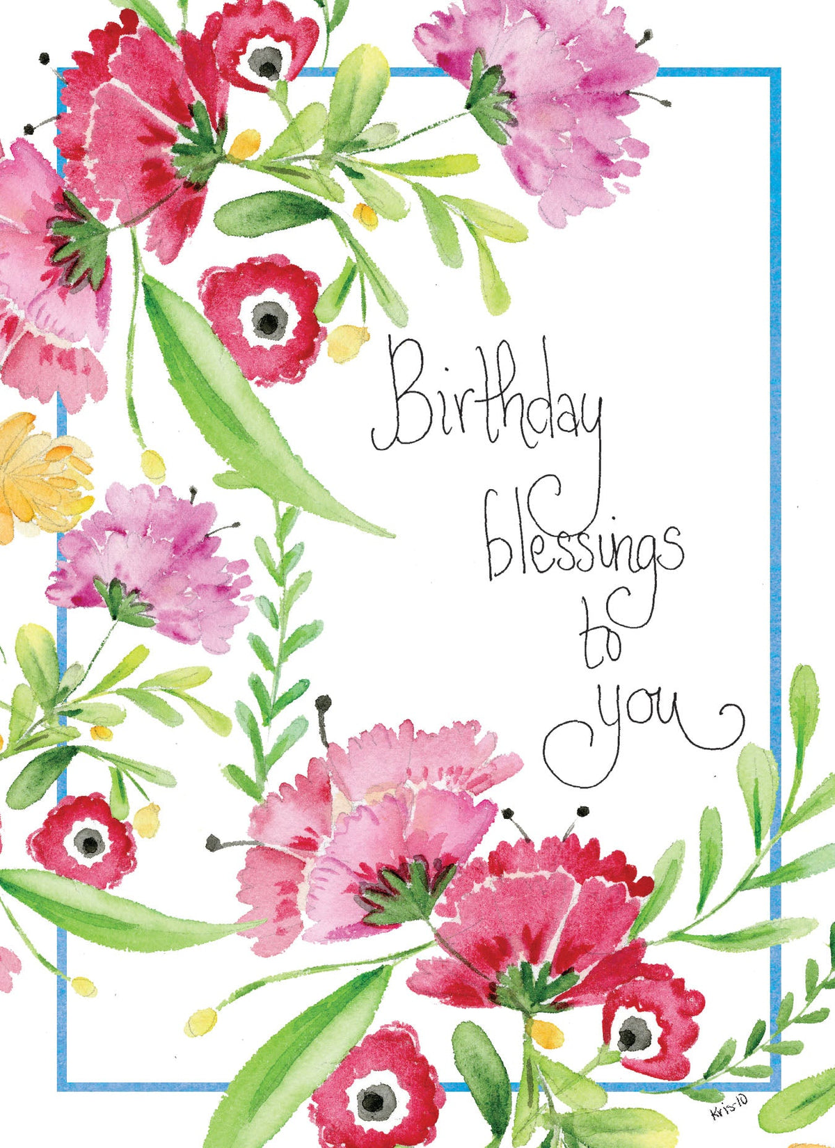 Birthday blessings to you card with watercolor floral border and blue frame.