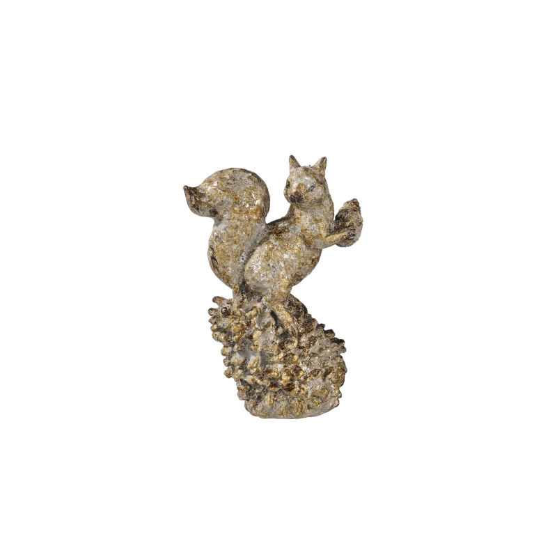 6.5-inch resin squirrel figurine with a gold and silver glitter finish perched on a pine cone.