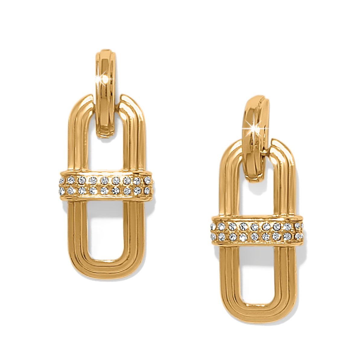 Gold plated post earrings with flat disc backs featuring fine quality crystals in a drop silhouette.