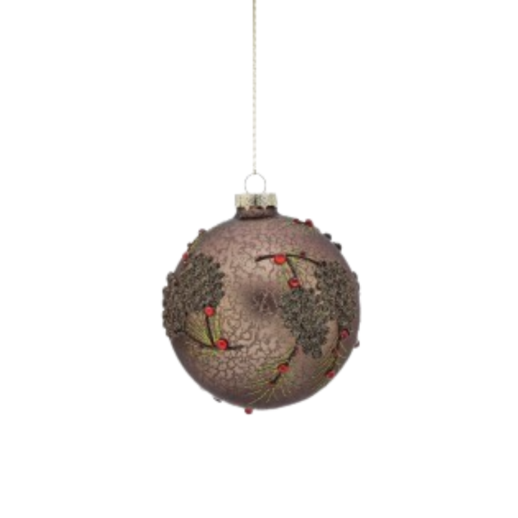 Brown glass acorn jewel ornament with textured pinecone and red berry accents.