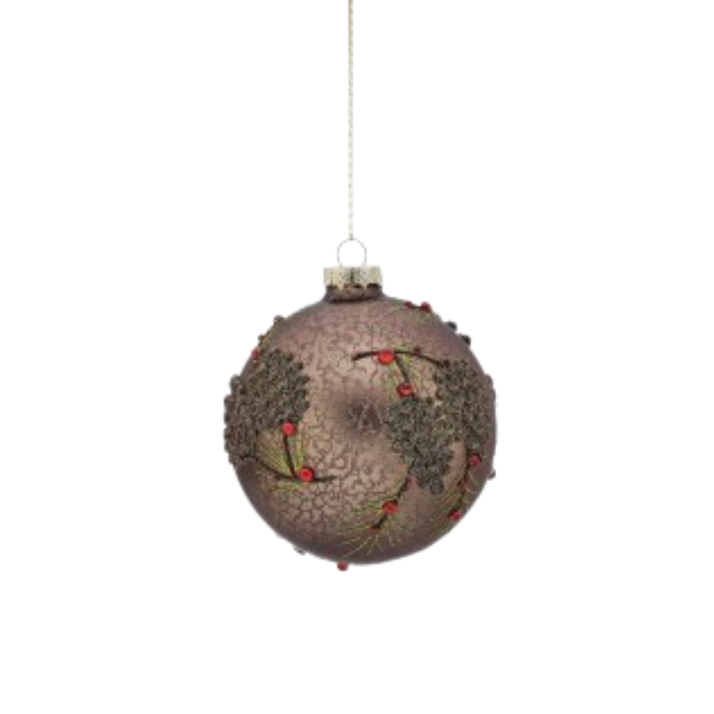 Brown glass acorn jewel ornament with textured pinecone and red berry accents.