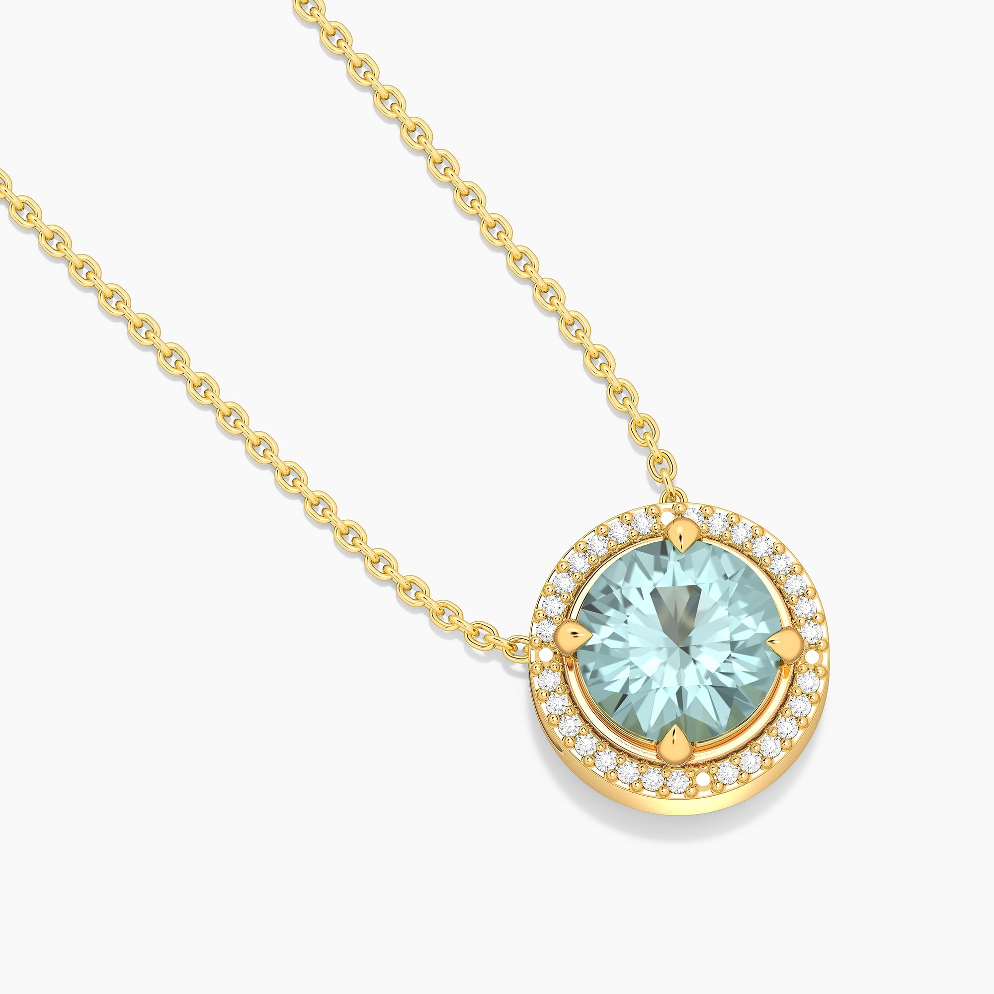 Gold-plated birthstone pendant necklace with a round light blue stone and diamond halo.