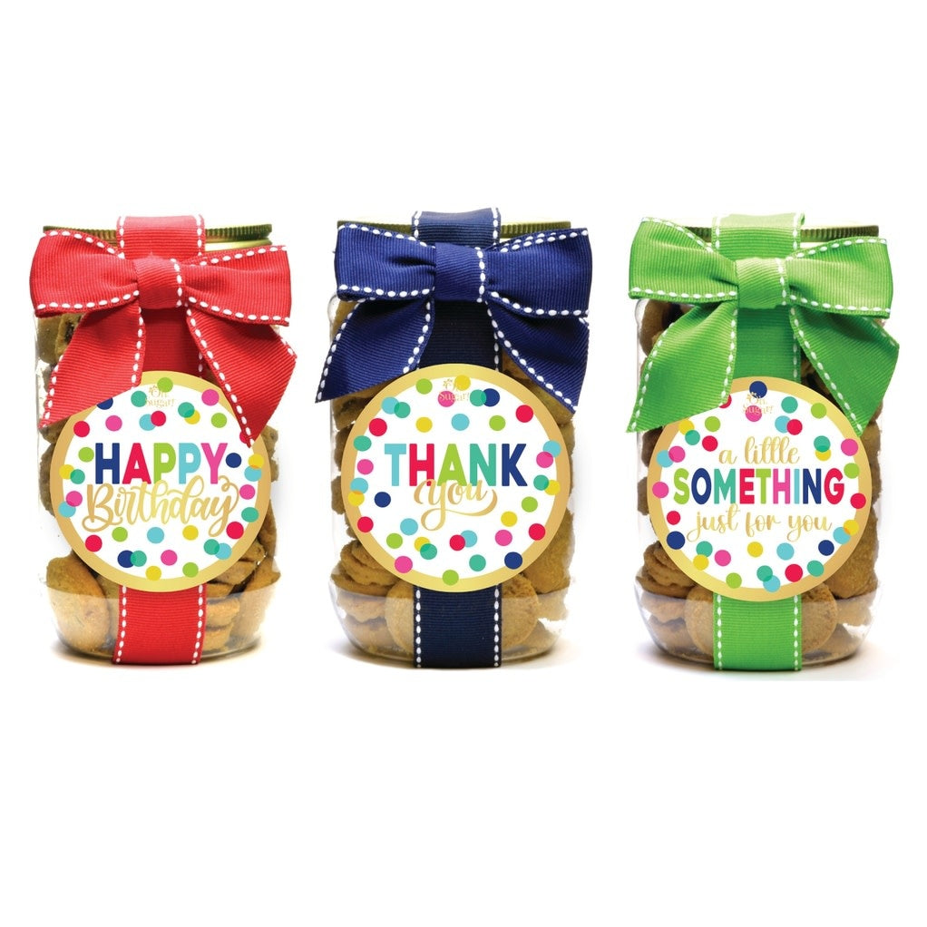 Small Dot Cookie Pint Jar with charming gift labels containing bite-sized cookies.