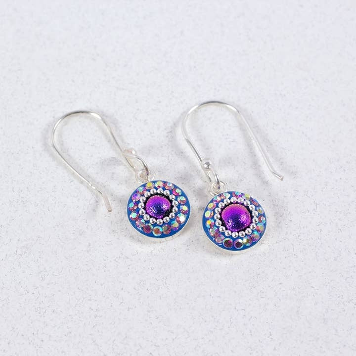 Sterling silver small drop earrings featuring Austrian crystals in a faceted geometric pattern.