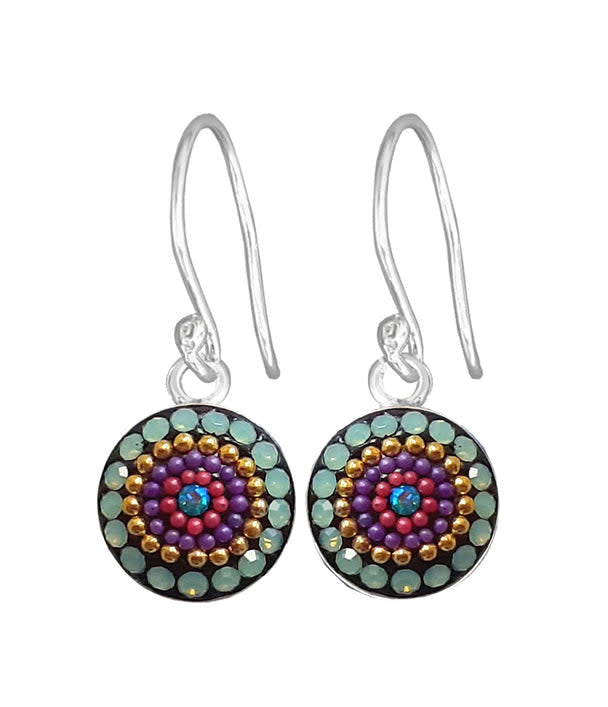 Small drop earrings in sterling silver with Austrian crystals forming a sparkling geometric pattern.