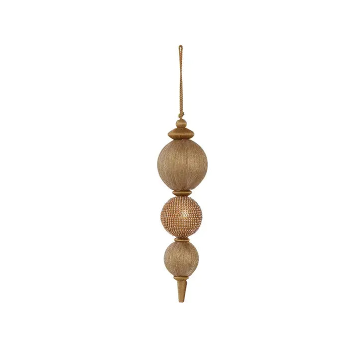 Small Drop Ornament: three vertically aligned gold-toned spheres with alternating textures and elegant finials.
