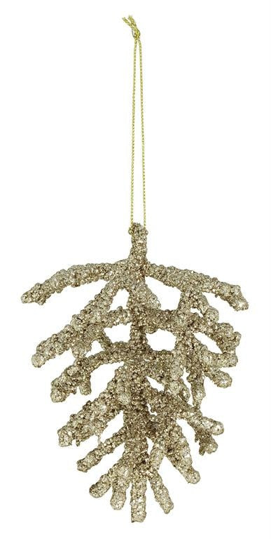 Gold glitter coated pinecone ornament with a natural conical shape.