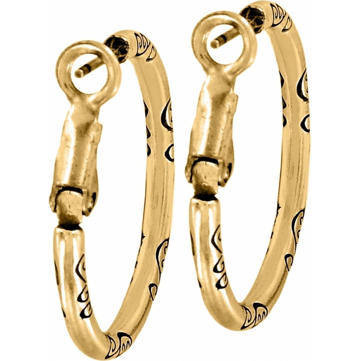 Gold plated small hoop earrings featuring a charm detail with an 8-inch width drop.