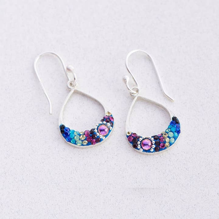 Sterling silver small open hoop drop earrings featuring Austrian crystals in a sparkling geometric pattern.