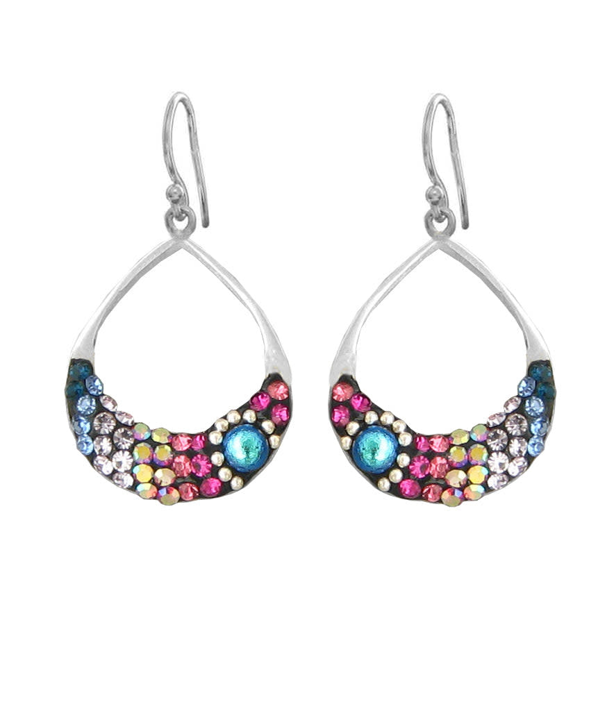 Small sterling silver open hoop drop earrings featuring Austrian crystals in a sparkling pattern.