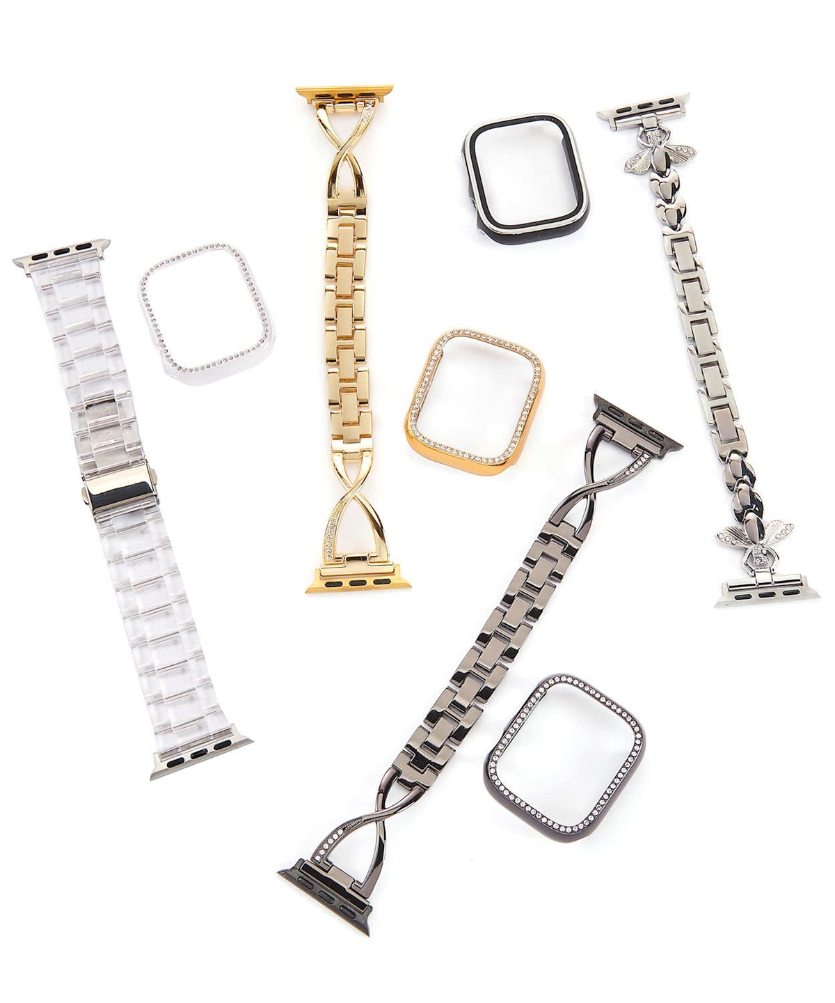 Smart watch face bumper with shiny metallic finish, chain detailing, and diamond trim.