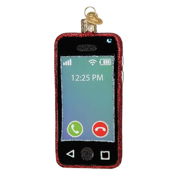 Glass smartphone ornament with hand-painted silver accents and glitter finish in a festive silhouette.