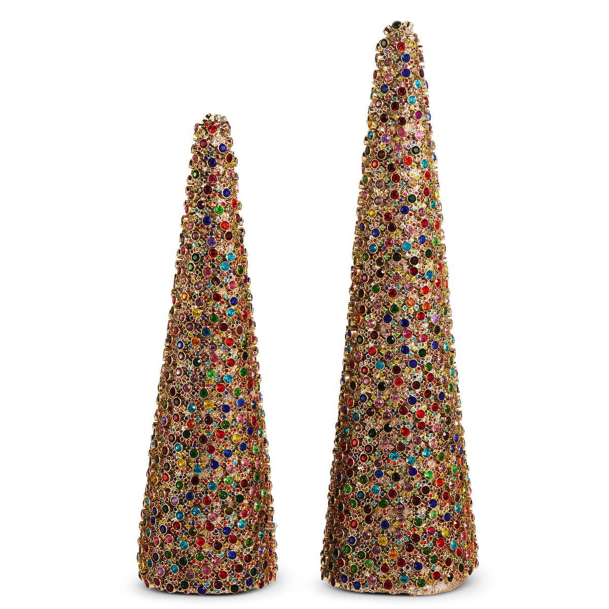 Two cone-shaped holiday decorations covered in multi-colored, sparkling jewels on a gold base.