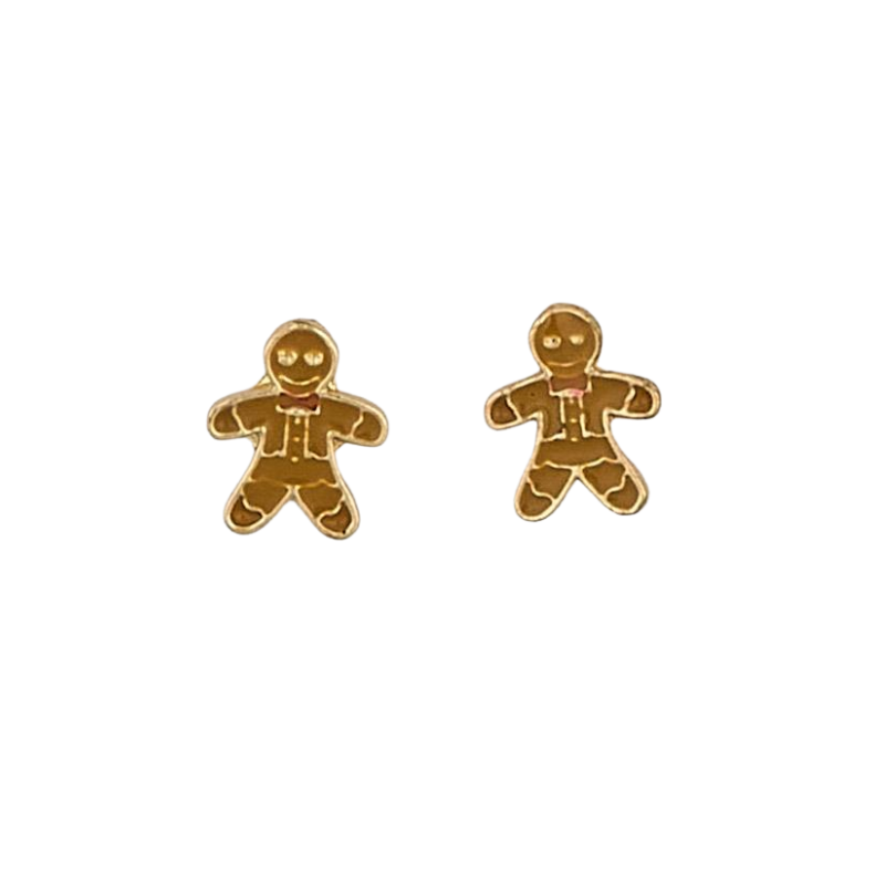 A pair of gold-toned enamel stud earrings shaped like gingerbread men with bow ties.