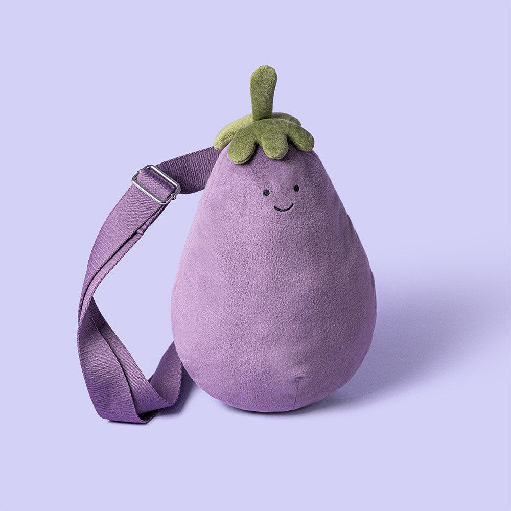Amuseables Eggplant Bum Bag: a purple plush eggplant bag with a green stem and a smiling face.